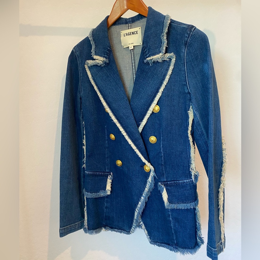 L'AGENCE Distressed Denim Double-Breasted Blazer in Blue